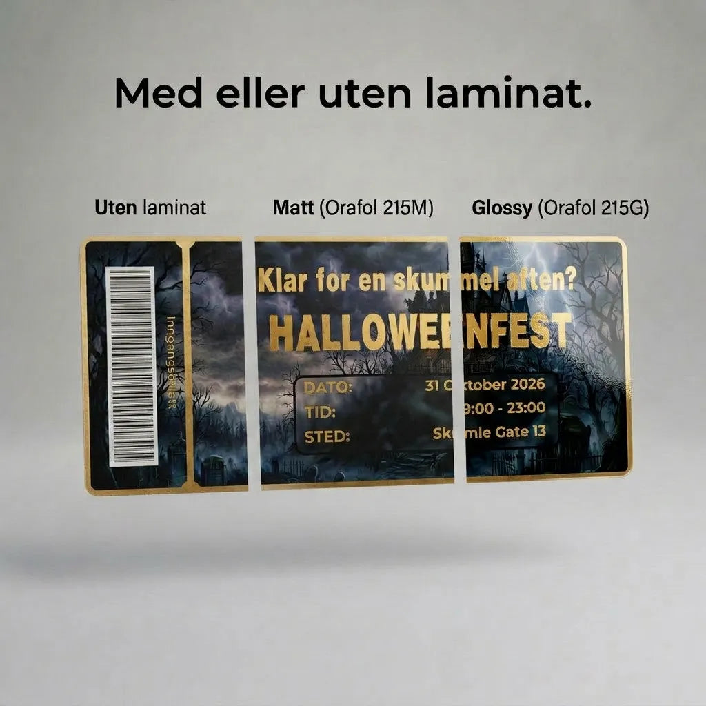 Invitasjon til halloweenfest, designet som en inngangsbillett. Viser hvordan kortet ser ut med og uten laminering. Kortet har en strekkode og foliert tekst og kanter.