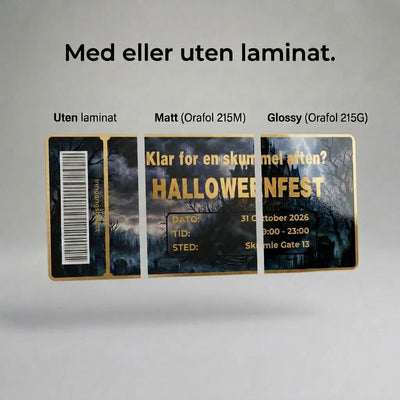 Invitasjon til halloweenfest, designet som en inngangsbillett. Viser hvordan kortet ser ut med og uten laminering. Kortet har en strekkode og foliert tekst og kanter.