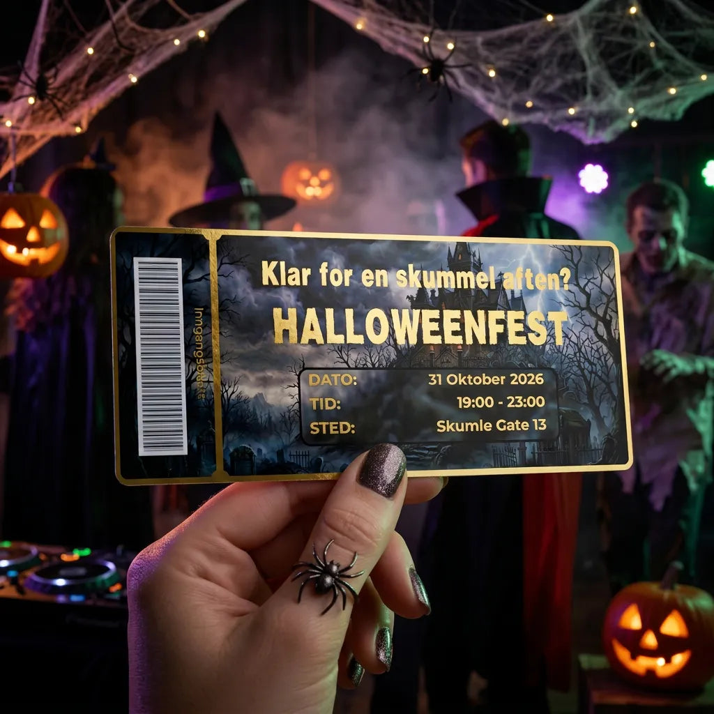 Invitasjon til halloween. Et kort som er er designet som en inngangsbillett med strekkode. I bakgrunnen står det folk i kostyme, gresskar og spindelvev. Kortet kommer i teksten man ønsker, og kan folieres i flere flotte farger. Kortet kan også lamineres.