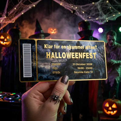 Invitasjon til halloween. Et kort som er er designet som en inngangsbillett med strekkode. I bakgrunnen står det folk i kostyme, gresskar og spindelvev. Kortet kommer i teksten man ønsker, og kan folieres i flere flotte farger. Kortet kan også lamineres.