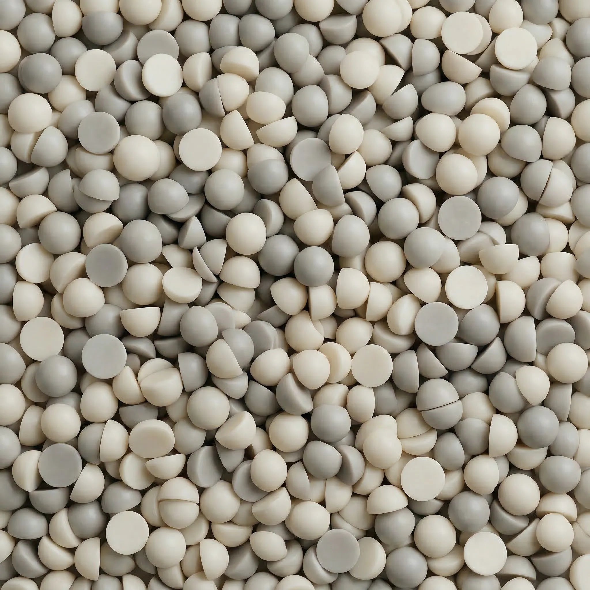 Et nærbilde av duftvokskuler i lys beige og lys grå farge. Laget av bivoks og soyavoks. Duft av nostalgiske kandispinner. Brunt sukker møter vanilje. En søt og elegant duft.