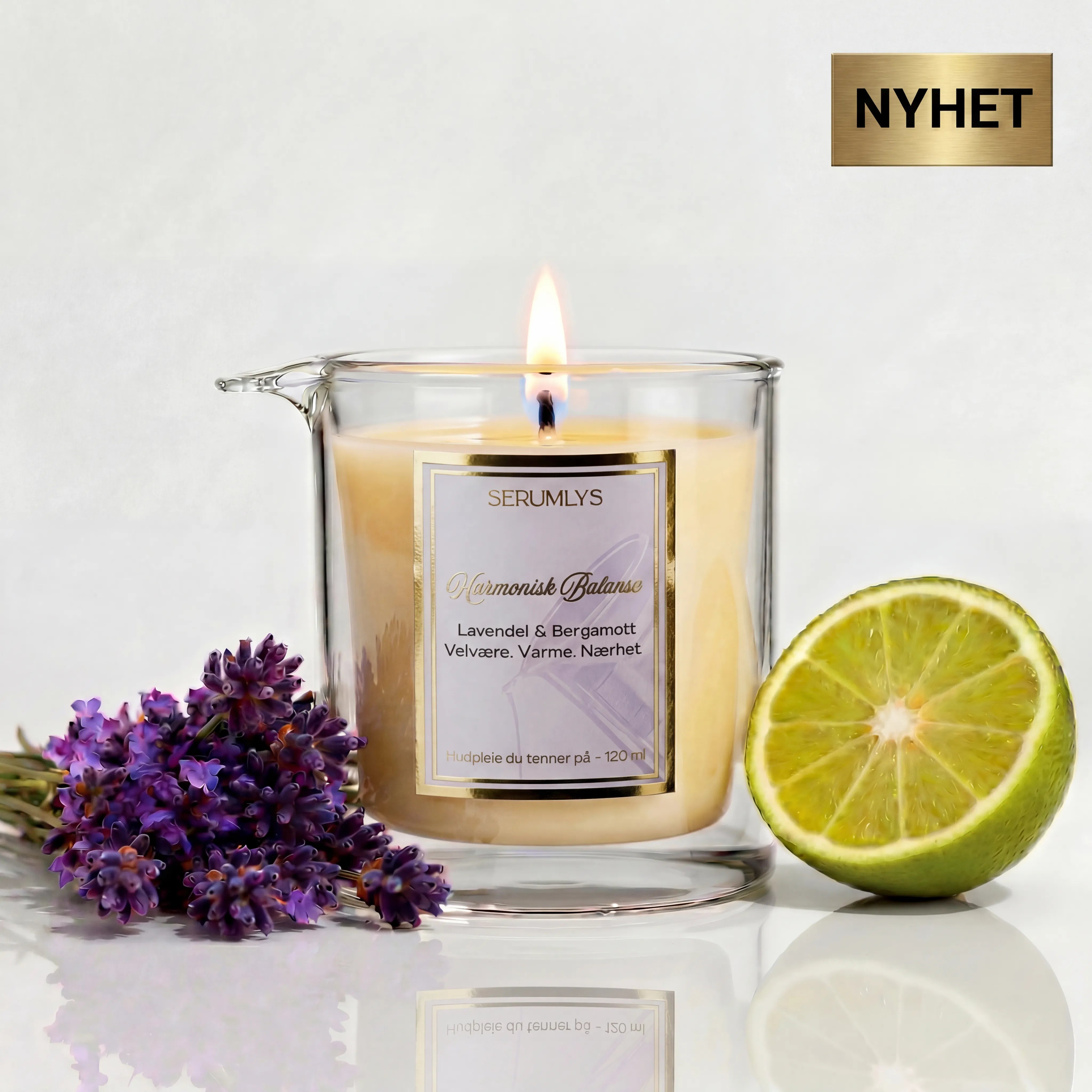 Naturlig hudpleie til hele kroppen. Et lys som er laget med syv ulike planteoljer, duftsatt med eterisk olje av lavendel og bergamott. Håndlaget kosmetikk som gir spa og velvære følelsen hjemme på eget bad.