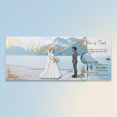 Elegant invitasjon til bryllup. Et interaktivt kort med gullfolierte detaljer. Dra i pilen og se bruden gå til brudgommen. Detaljene om bryllupet kommer frem. Kortene kan lamineres i matt eller gloss, og man kan få gjestens navn i gullfolie på kortet. På baksiden av kortet står datoen for bryllupet med stor og flott skrift i gullfolie. Kortene håndlages i Norge.