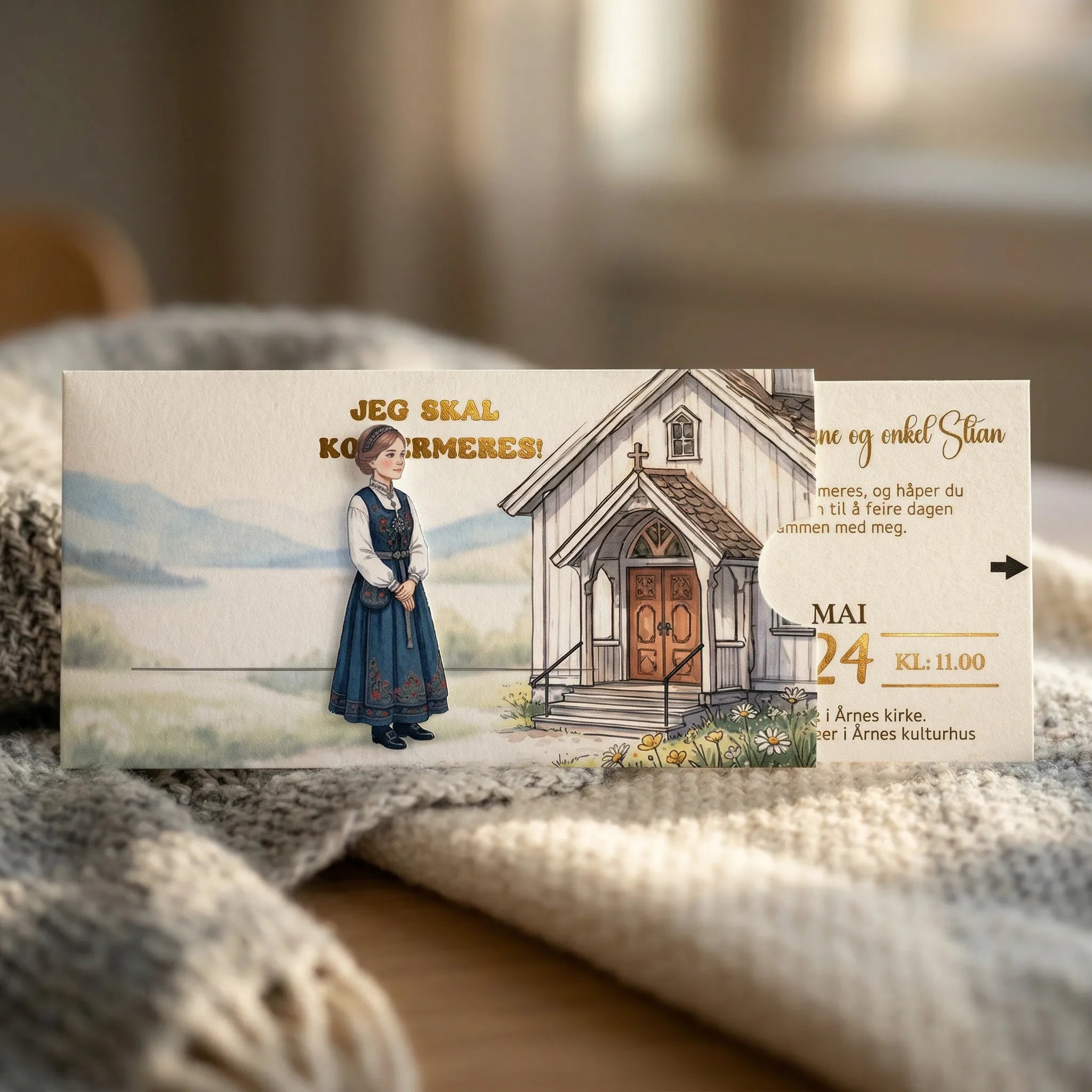 innbydelseskort til konfirmasjon. Et eksklusiv konfirmasjonskort der jenten går mot kirken når du drar ut kortet som vises informasjon med tid, sted, dato og ønsket tekst. Kortene kan lamineres i matt eller glossy. Navn til gjestene kan gullfolieres. Håndlages i Norge.