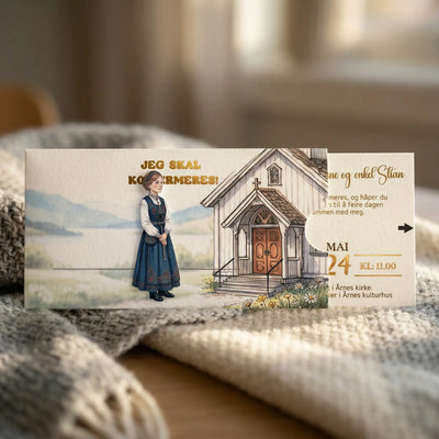 innbydelseskort til konfirmasjon. Et eksklusiv konfirmasjonskort der jenten går mot kirken når du drar ut kortet som vises informasjon med tid, sted, dato og ønsket tekst. Kortene kan lamineres i matt eller glossy. Navn til gjestene kan gullfolieres. Håndlages i Norge.