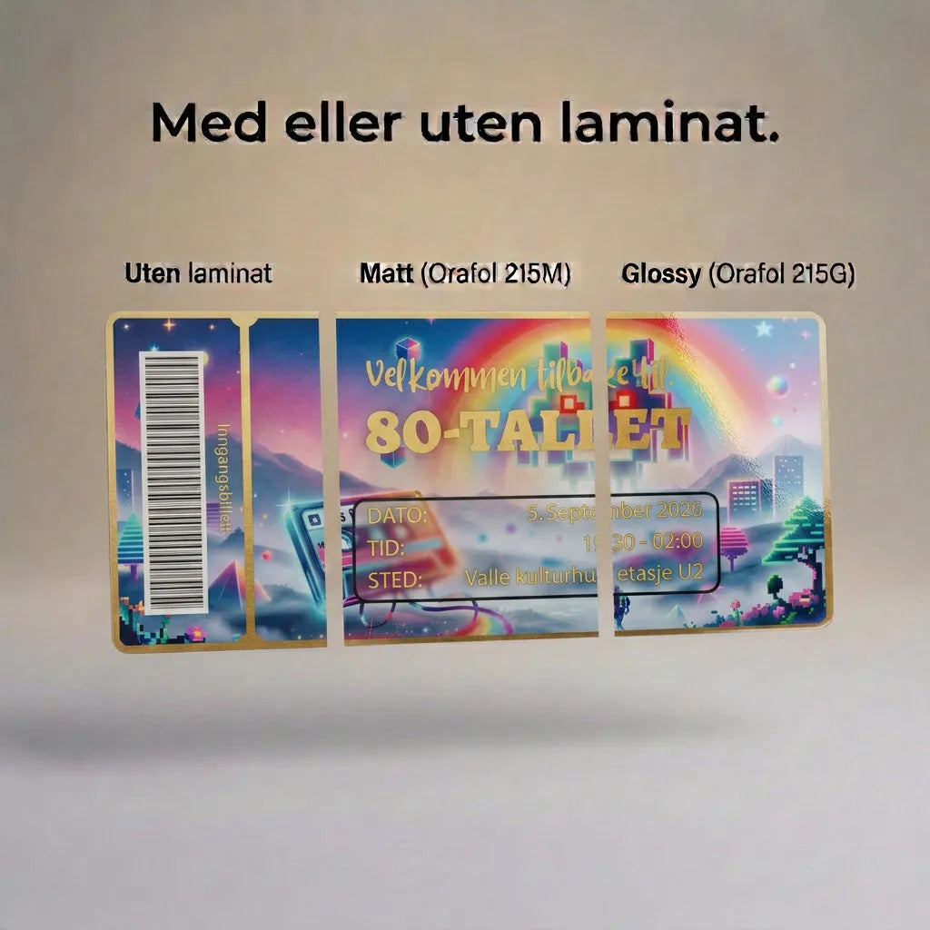 Innbydelse som er designet som en inngangsbillett til 80 talls fest. Viser hvordan kortet ser ut med eller uten laminering. Velg mellom flere farger foliering og teksten du selv ønsker på kortene. En veldig gøyal invitasjon som gjestene dine vil huske i lang tid.