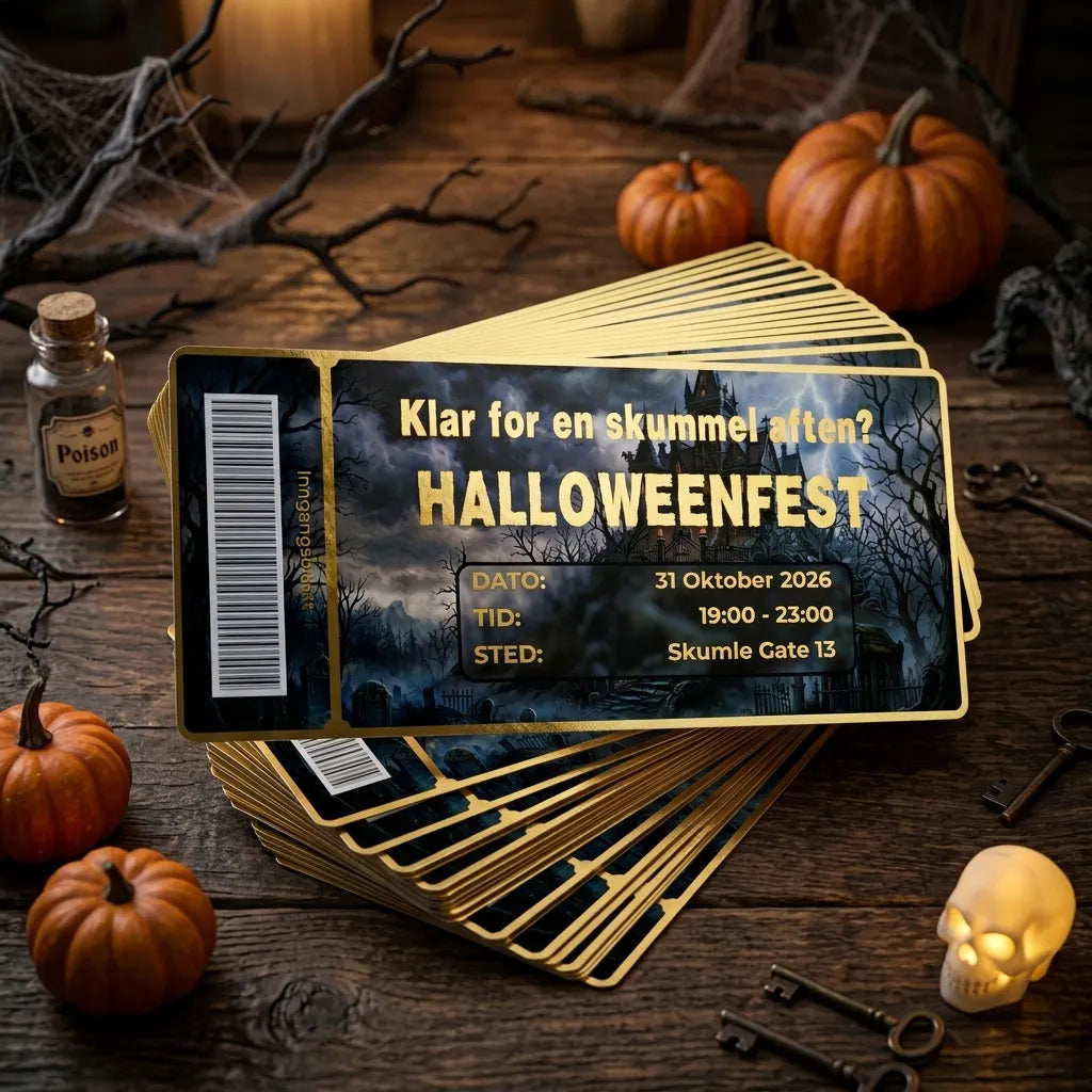 Invitasjoner til halloween som ligger i en bunke. På bordet er det gresskar, hodeskalle, spindelv og gift. Kortet har gullfolierte kanter og tekst. Lag din egen variant med din ønsket tekst og farge på foliering. Alle kort lages i Norge.