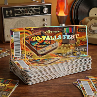 En bunke med invitasjoner til 70-talls fest. Kortene er folierte og designet som en inngangsbillett. Velg din tekst og din farge med folie. Kortene kan lamineres i matt eller glossy laminat. Håndalges i Norge av Hjertelig AS
