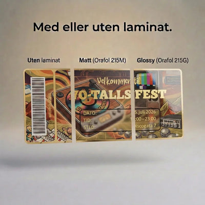 Billett til din 70 talls fest. Invitasjonen viser hvordan kortet ser ut om man velger med eller uten laminering. Invitasjonene håndlages i Norge av Hjertelig AS. Flere valg av farge på foliering og skriv inn din ønsket tekst, og din dato, tid og sted.