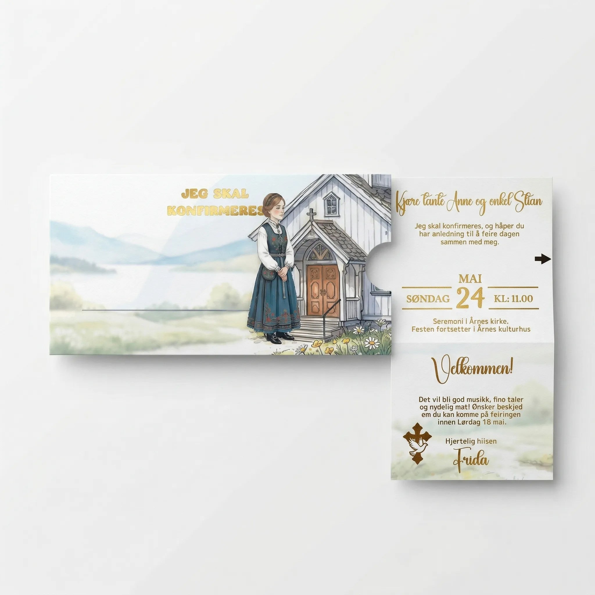 Et håndlaget kort til konfirmasjon. En interaktiv invitasjon der jenta går mot kirken når man drar i pilen. Alle detaljer og tekst du selv ønsker i gullfolie. Kortet kan bestilles med eller uten laminat og gjestenes navn i gullfolie.