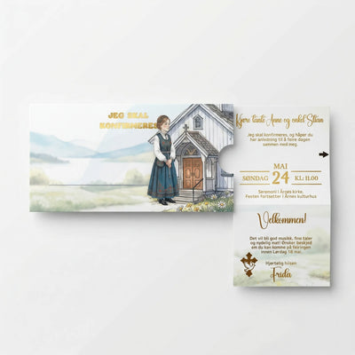 Et håndlaget kort til konfirmasjon. En interaktiv invitasjon der jenta går mot kirken når man drar i pilen. Alle detaljer og tekst du selv ønsker i gullfolie. Kortet kan bestilles med eller uten laminat og gjestenes navn i gullfolie.