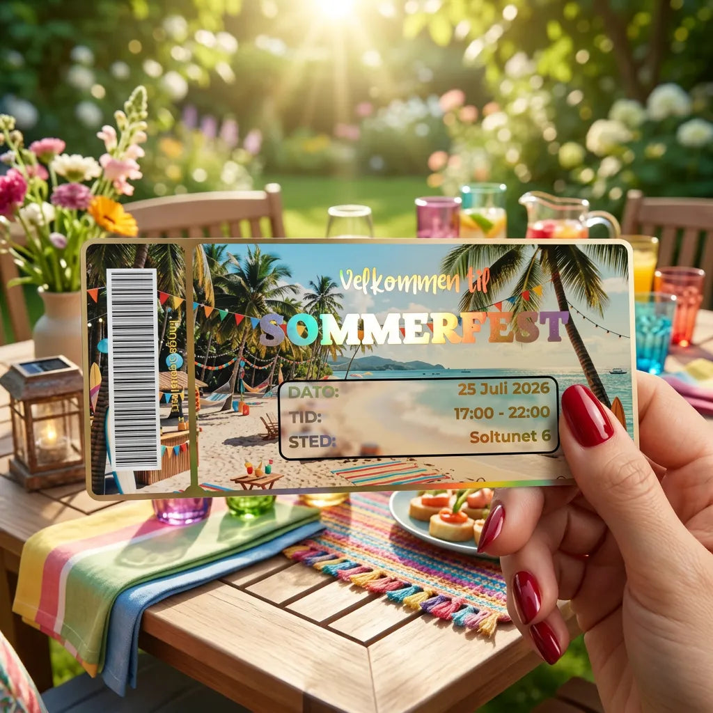 Invitasjon til sommerfest. Et bord er dekket til hagefest. Kortet er foliert i holografisk gull. Skriv inn din dato, tid og sted. Velg mellom mange flotte farger foliering. Kortet håndlages i Norge og kan lamineres i matt eller glossy.