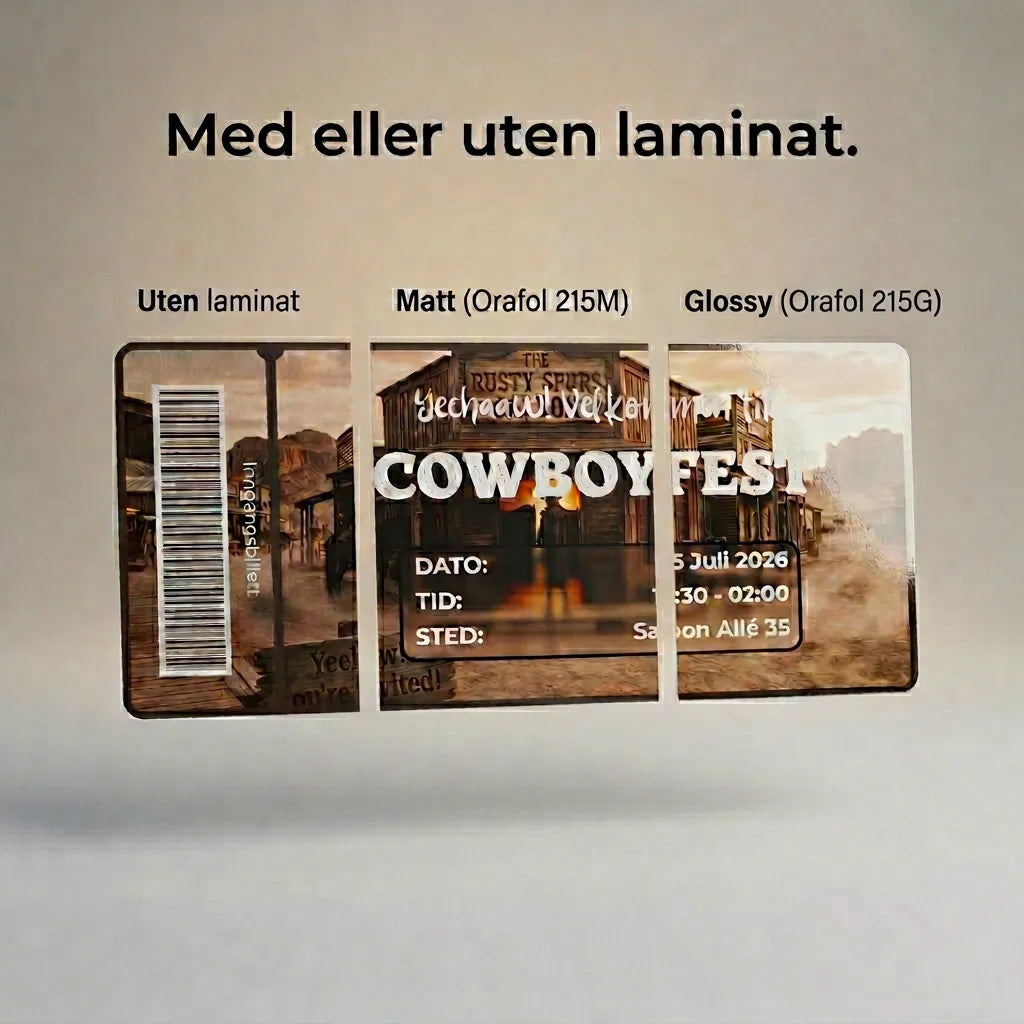 Billett til cowboy fest. En invitasjon med strekkode og ønsket tekst. Bilde viser hvordan invitasjon ser ut med og uten laminat. Kortet kan lamineres med høykvalitet laminat med matt eller glossy. Håndlages i Norge.