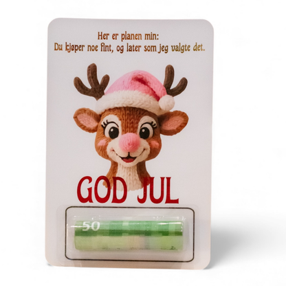 Håndlaget kort perfekt når man skal gi bort penger i julegave. Plasser ønsket sum i plastlommen på kortet, riv av tapen og lommen forblir lukket. Dette er en morsom og gøyal måte å gi bort penger på. Pengegaven som skiller seg ut. På kortet er det bilde av et strikket reinsdyr, tekst med folie. 