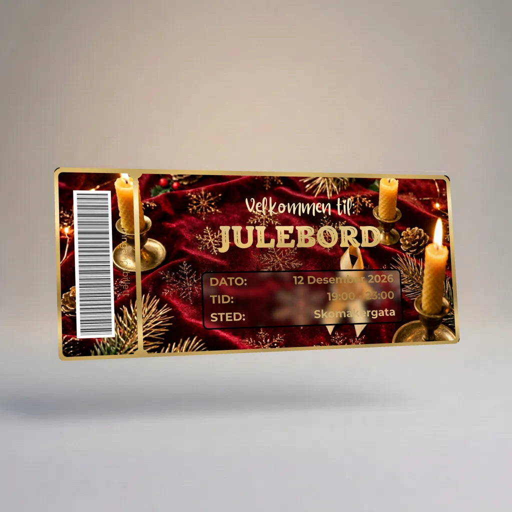 Invitasjon til julebord som inngangsbillett med foliert tekst og strekkode