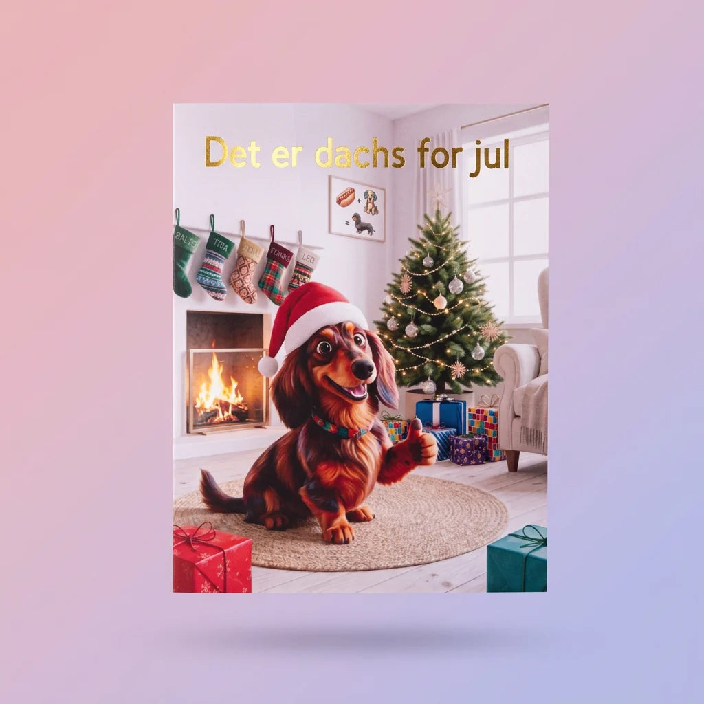 Julekortet med dachshunden sett forfra. På veggen bak hunden henger regnestykket pølse pluss hund, og julestrømpene henger over peisen. Et morsomt julekort til dachs-eiere, med skrapehjerte inni der du skriver julegaven.