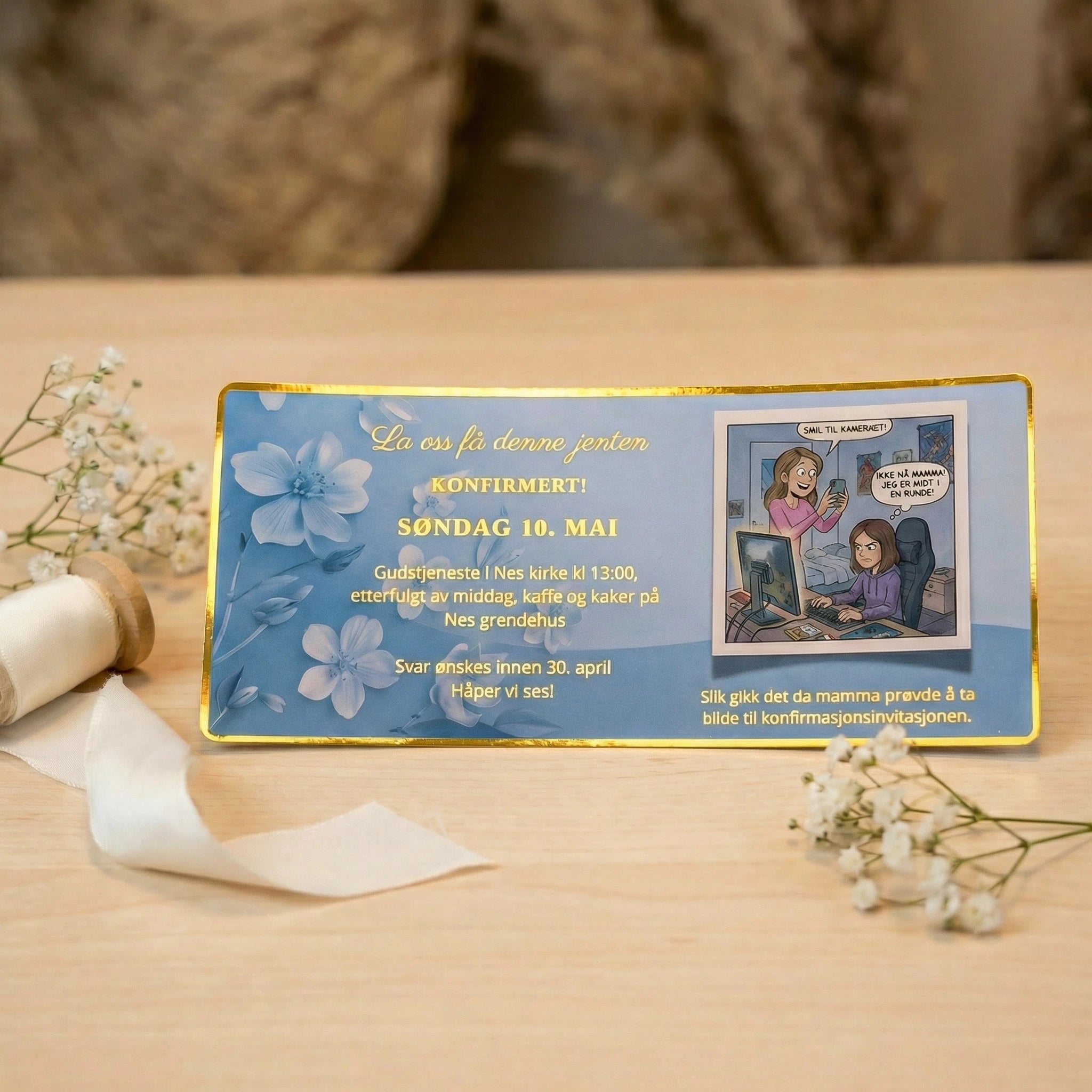 konfirmasjons innvitasjon / innbydelse med humoristisk tekst. Dette konfirmasjonskortet er perfekt om man ikke får lov å ta bilde av konfirmanten til invitasjonen. Sånn her gikk det da mamma prøvde å ta bilde til konfirmasjonsinvitasjonen. Tegneserie med snakkebobler av en jente som er midt i en runde. 