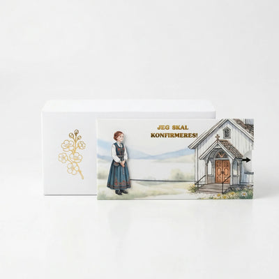 konfirmasjonsinvitasjon der jenten går mot kirken når du drar i den sorte pilen. Bak kortet vises konvolutt med gullfolierte blomster som følger med produktet. Et interaktivt kort som gir en wow-opplevelse