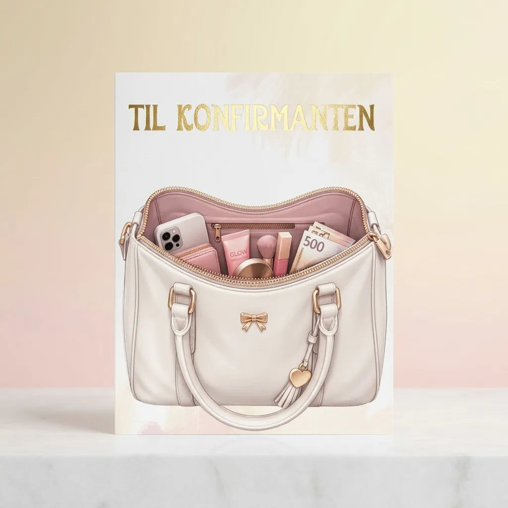Med dette kreative kortet til konfirmasjon kan du gi en pengegave på en helt ny måte. Kortet har en egen skjult lomme, som gjør at du legger pengene rett opp i vesken. En standard pengegave har nå plutselig blitt en kreativ og morsom gave som garantert fanger oppmerksomheten til konfirmanten og gjestene. Kortene håndlages av Hjertelig AS.