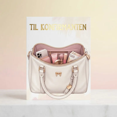 Med dette kreative kortet til konfirmasjon kan du gi en pengegave på en helt ny måte. Kortet har en egen skjult lomme, som gjør at du legger pengene rett opp i vesken. En standard pengegave har nå plutselig blitt en kreativ og morsom gave som garantert fanger oppmerksomheten til konfirmanten og gjestene. Kortene håndlages av Hjertelig AS.