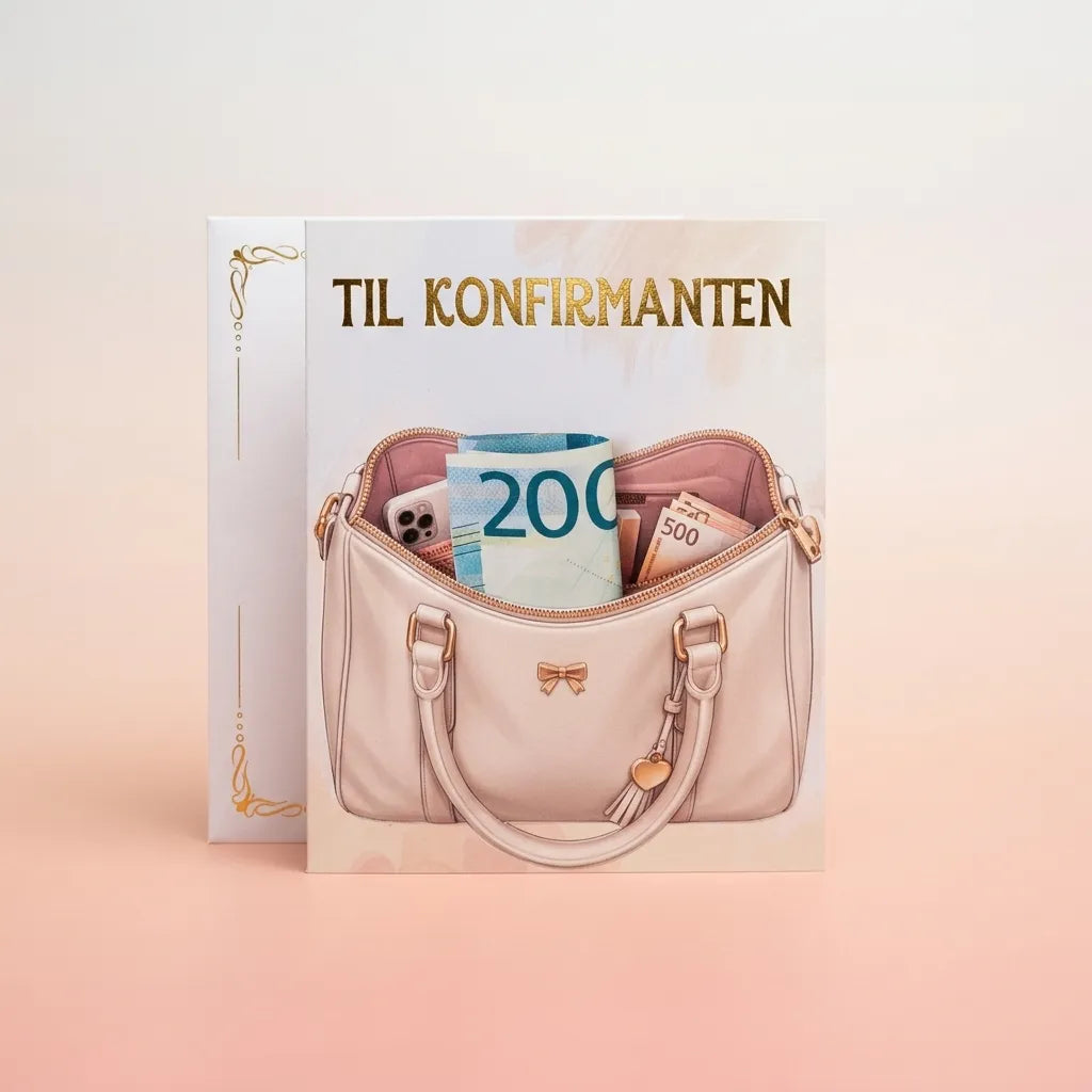 kreativt konfirmasjonskort med pengelomme og konvolutt. En veske du kan putte pengene i. Til konfirmanten i gullfolie. Hvit konvolutt med gullfolierte kanter følger med. En veldig elegant og kreativ måte å gi en pengegave til konfirmasjon på. Kortene håndlages av Hjertelig AS i Norge med meget rask leveringstid.