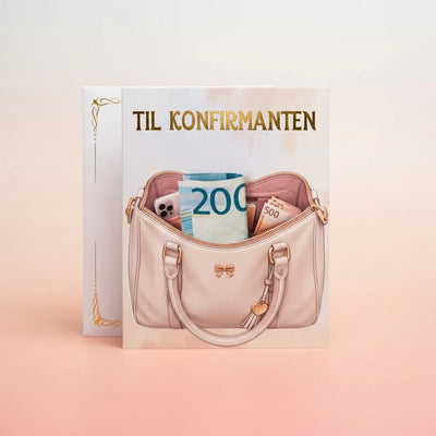 kreativt konfirmasjonskort med pengelomme og konvolutt. En veske du kan putte pengene i. Til konfirmanten i gullfolie. Hvit konvolutt med gullfolierte kanter følger med. En veldig elegant og kreativ måte å gi en pengegave til konfirmasjon på. Kortene håndlages av Hjertelig AS i Norge med meget rask leveringstid.
