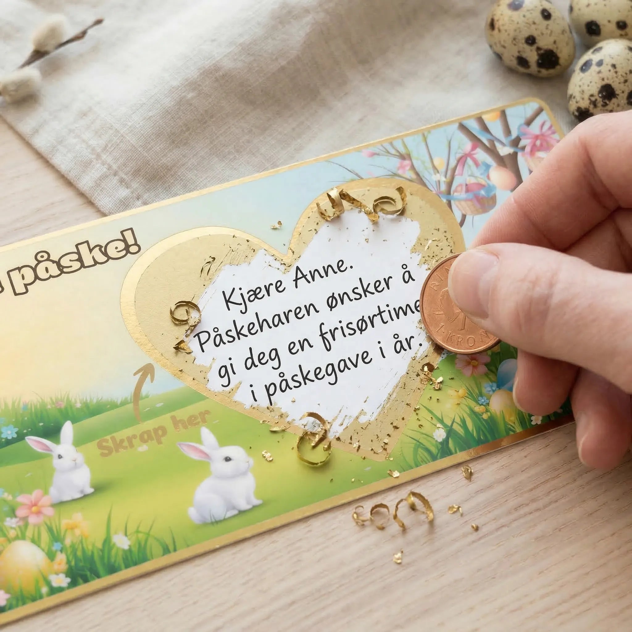 Håndlaget påskekort med skrapefelt. Gaven skrapes frem. Håndlaget i Norge. En personlig og koselig måte å gi en gave på.