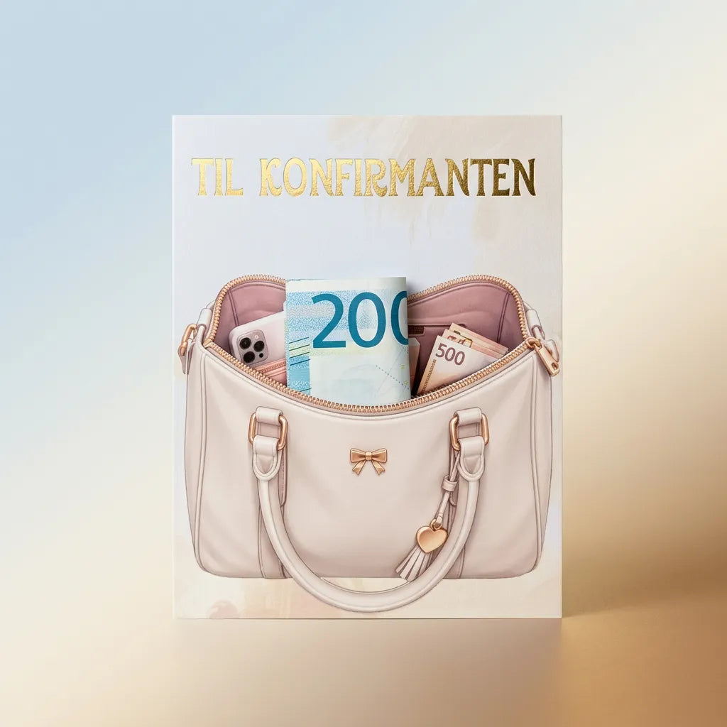 Kreativt kort til konfirmasjon. Kortet har en egen lomme, slik at det ser ut som du legger pengene rett opp i vesken. Dette kortet gjør en enkel pengegave til noe helt spesielt, og vil garantert få oppmerksomhet fra både konfirmanten og de andre gjestene. Teksten Til konfirmanten i gullfolie øverst på kortet. Håndlages i Norge av Hjertelig AS.