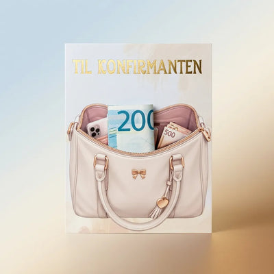 Kreativt kort til konfirmasjon. Kortet har en egen lomme, slik at det ser ut som du legger pengene rett opp i vesken. Dette kortet gjør en enkel pengegave til noe helt spesielt, og vil garantert få oppmerksomhet fra både konfirmanten og de andre gjestene. Teksten Til konfirmanten i gullfolie øverst på kortet. Håndlages i Norge av Hjertelig AS.
