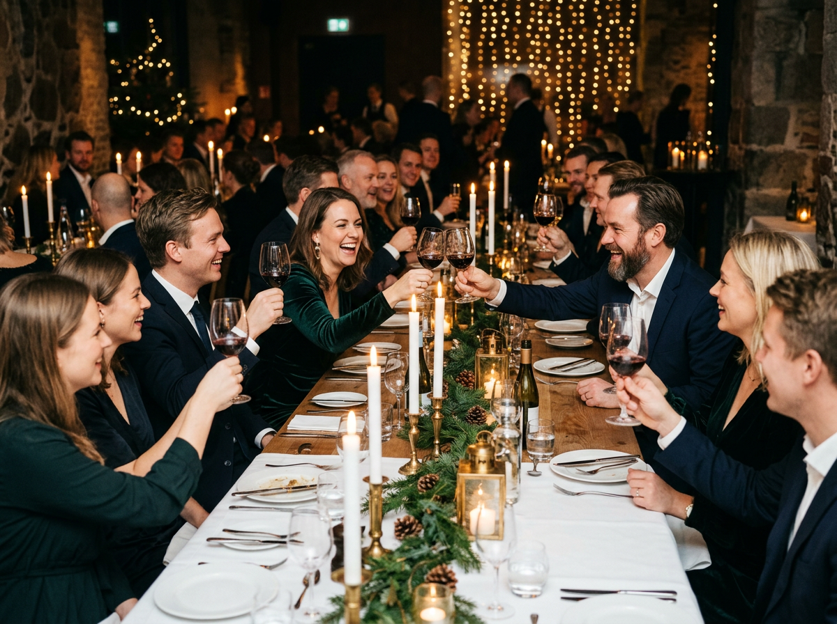 Kolleger skåler ved et pyntet langbord på firmajulebord med lyslenker og stearinlys