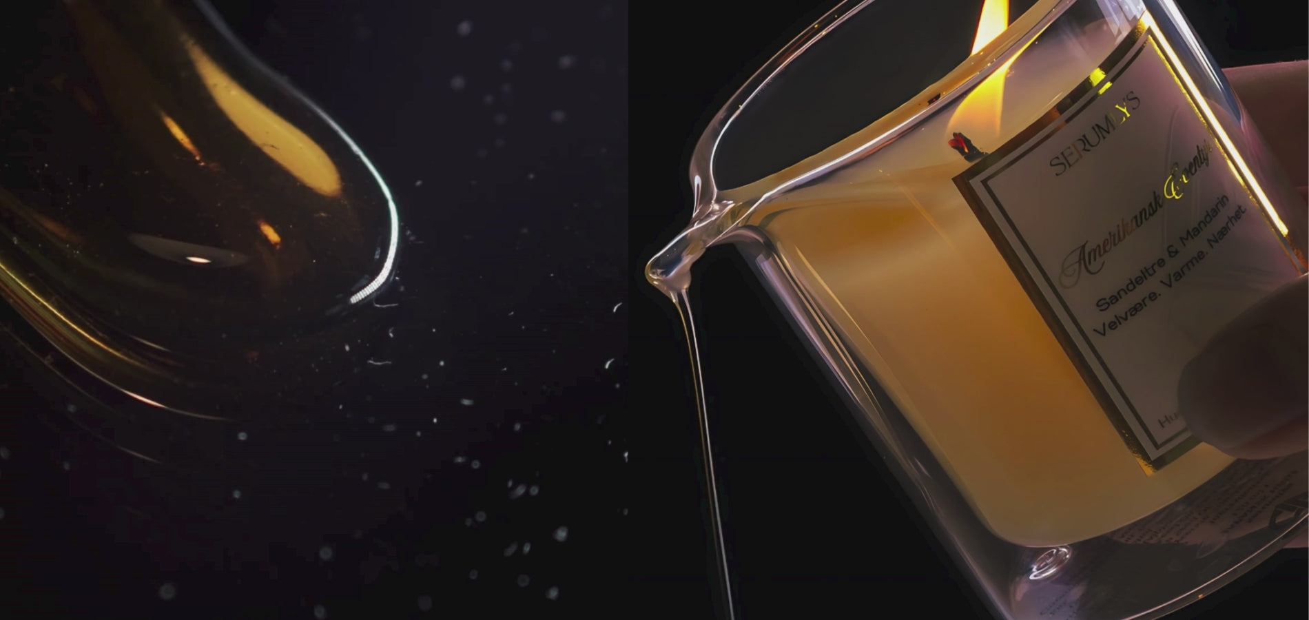 Last inn video: Varmt serum med naturlige planteoljer fra serumlyset som renner sakte utover et bord, for å illustrere følelsen dette serumet gir. En spaopplevelse og luksuriøs følelse av velvære og egenomsorg.