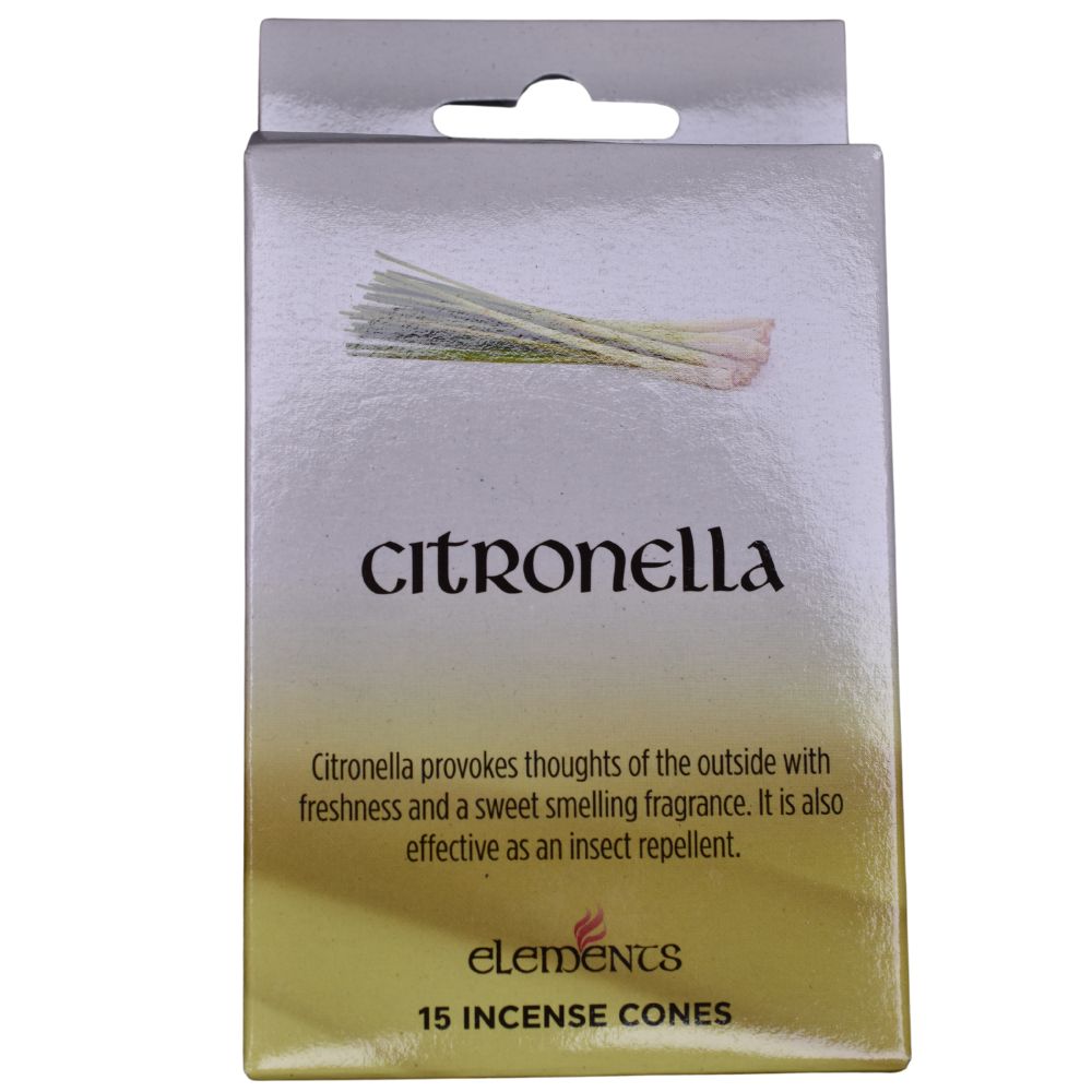 Røkelseskjegler med duft av Citronella i eske. Esken inneholder 15 kjegler.