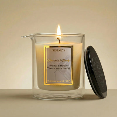Serumlys™ Amerikansk Eventyr med duft av sandeltre og mandarin. Et maskulint kroppsserum håndlaget i Norge.