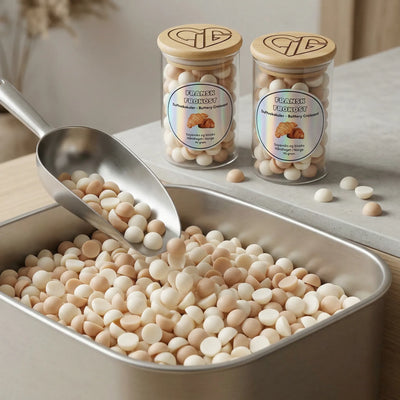 Duftvokskuler blir tatt ut av en stor beholder. Fylles i mindre glass som rommer 90g voks. Håndlaget duftvoks fra norge, som lages med soyavoks og bivoks. Fransk frokost dufter nystekte croissanter. En søt og varm duft