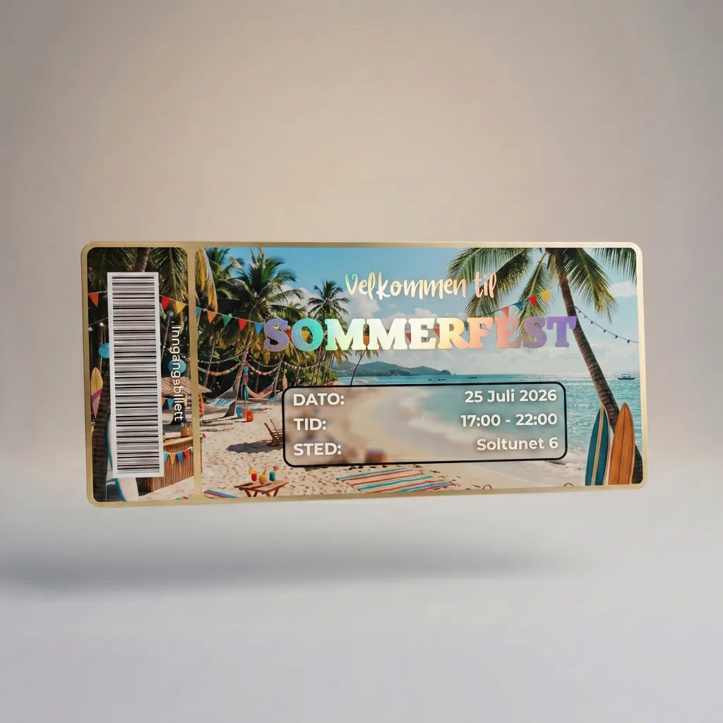 Invitasjon til sommerfest. Et kort designet som en inngangsbillett med strekkode. Inviter gjestene på en morsom og elegant måte. Skriv inn ønsket tekst og velg din farge på foliering.