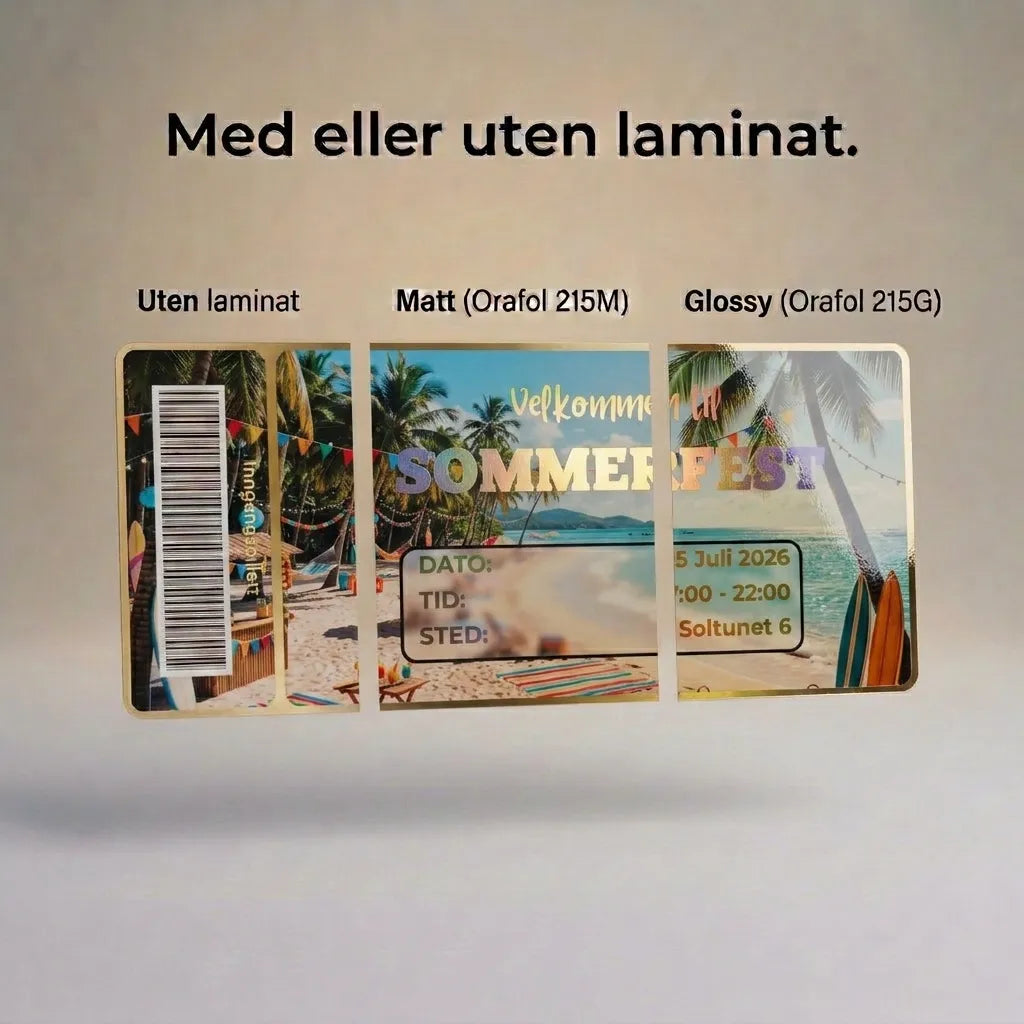 En invitasjon til din hagefest eller sommerfest som viser hvordan kortet ser ut om man velger laminering eller ikke. Velg mellom flere farger med foliering, og skriv inn teksten du ønsker på kortet. Innbydelsen er designet som en inngangsbillett med strekkode.