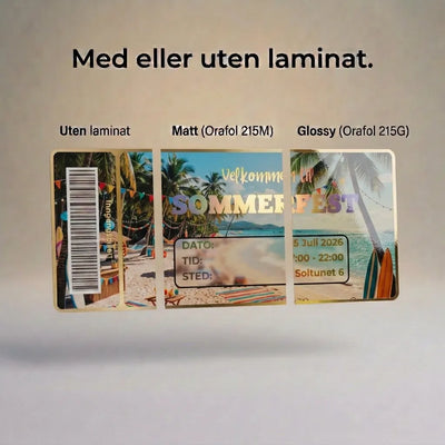 En invitasjon til din hagefest eller sommerfest som viser hvordan kortet ser ut om man velger laminering eller ikke. Velg mellom flere farger med foliering, og skriv inn teksten du ønsker på kortet. Innbydelsen er designet som en inngangsbillett med strekkode.
