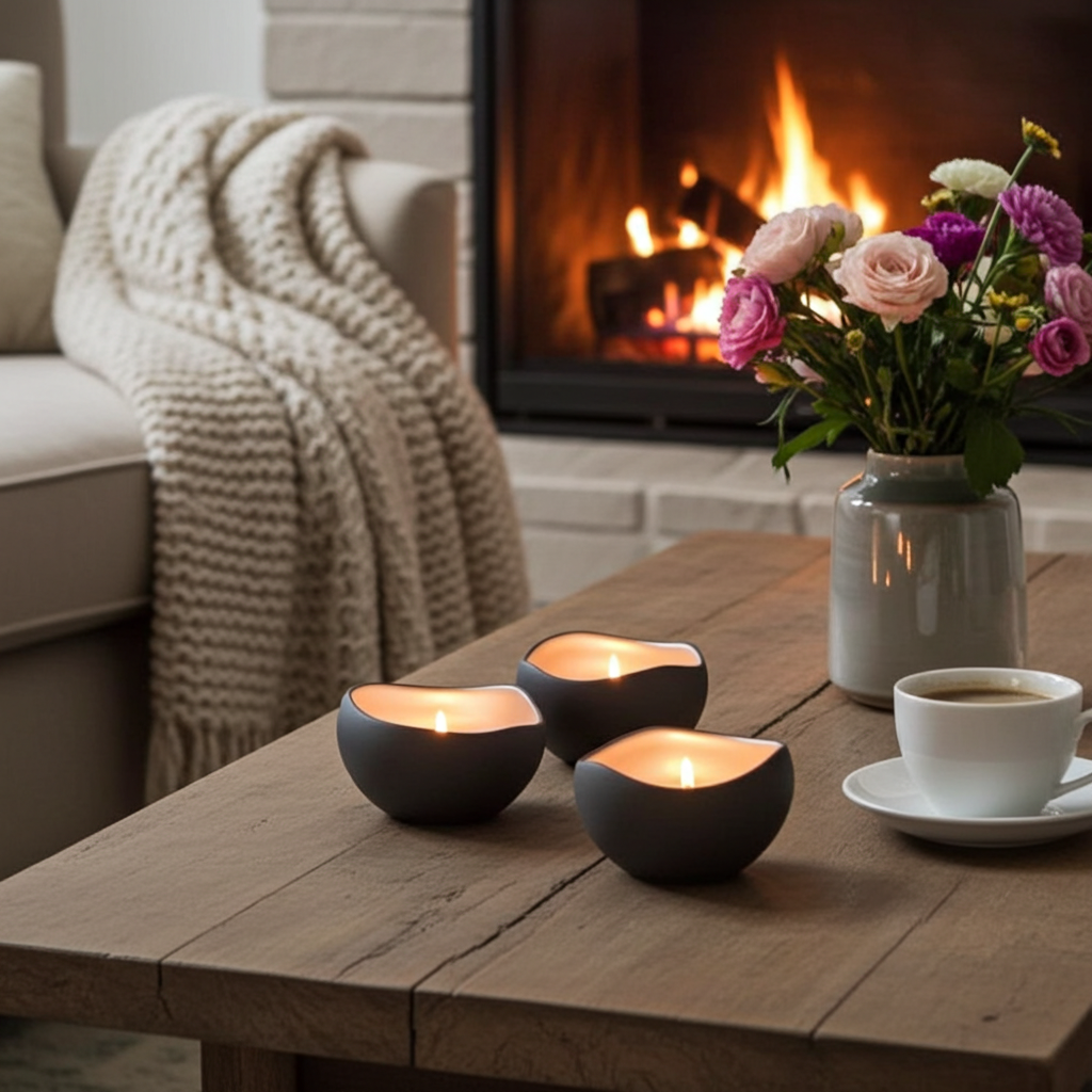 3 stykk telysholdere som står på bordet med brennende telys. Skaper en fin ro i hele rommet. Telysholderene gir et varmt lys som får en til å slappe av. Det er fyr i peisen. Hver telys holder er håndlaget og derfor unike. Gi hjemmet ditt den roen du ønsker å komme hjem til. 